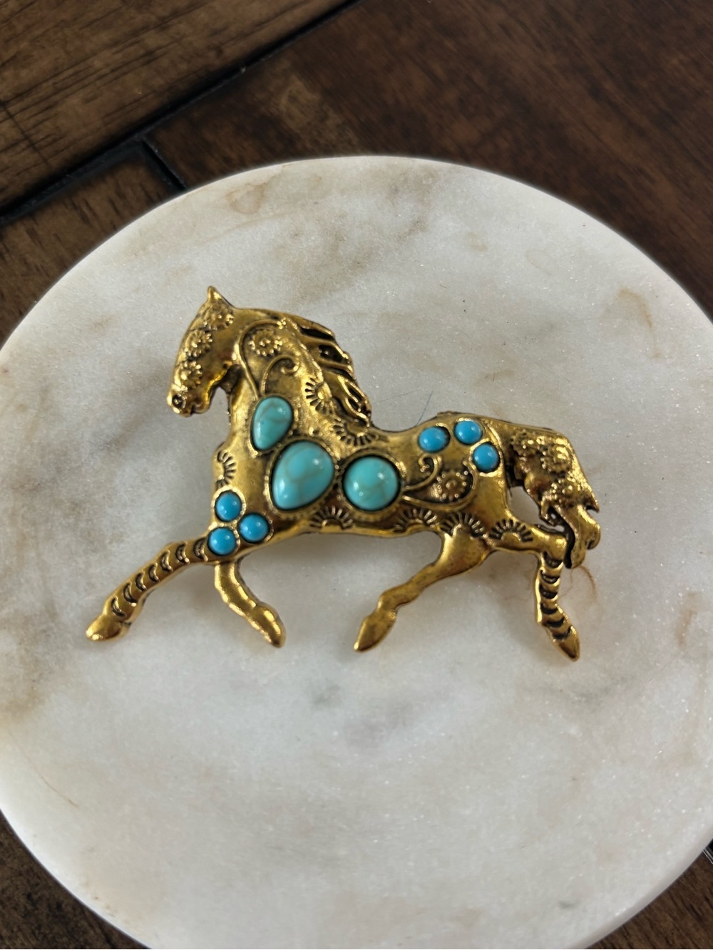 Gold Horse Brooch with Turquoise Cabochons